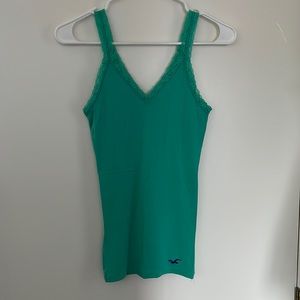 Hollister tank/cami in green with blue stitching on lace straps